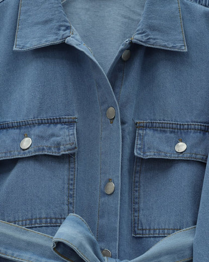 Beli Kemerli Cepli Önü Düğmeli Kot Takım  -Buz Mavi