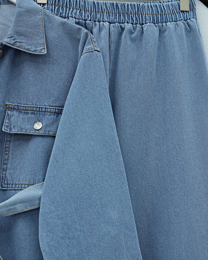 Beli Kemerli Cepli Önü Düğmeli Kot Takım  -Buz Mavi