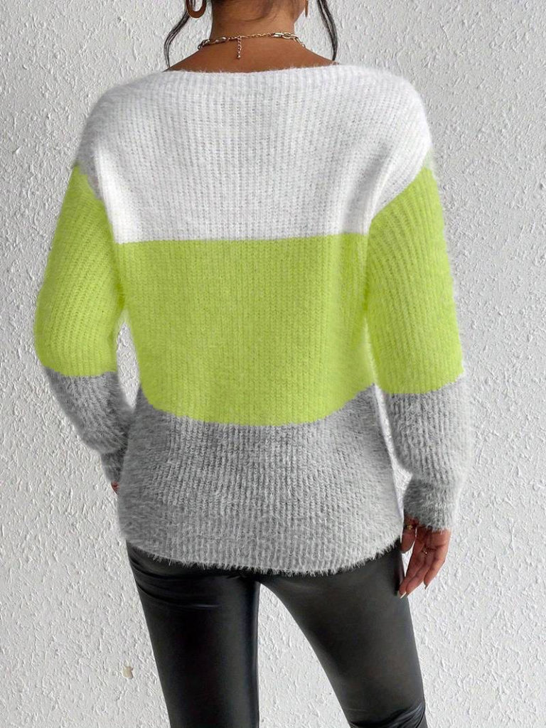 Kadın Uzun Kollu Kayık Yaka çok Renkli Triko Bluz