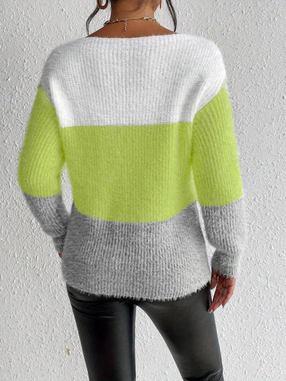 Kadın Uzun Kollu Kayık Yaka çok Renkli Triko Bluz