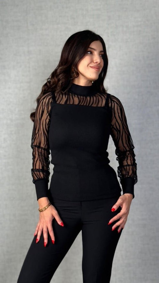 Kadın Uzun Kollu Bisiklet Yaka Kolları Tül Detay Kaşkorse Kumaş Bluz