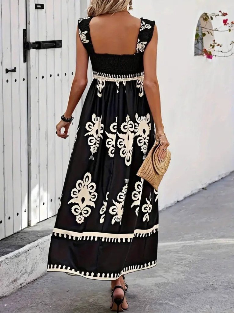 Kadın Askılı Kare Yaka Gipe Detaylı Desenli Suprem Elbise