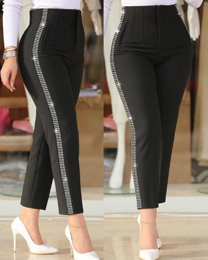 Kadın Yüksek Bel Yanlardan Taş Detaylı Ithal Krep Pantolon