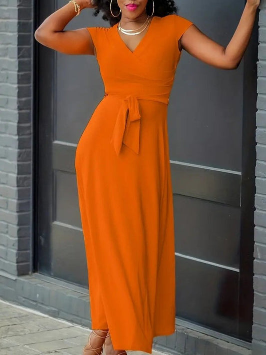 Kadın Kısa Kollu V Yakalı Belden Kuşaklı Maksi Boy Viskon Elbise