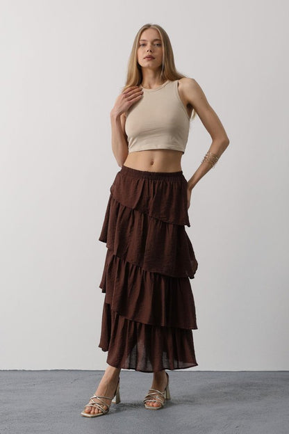 Katlı Kesim Uzun Etek - Kahve