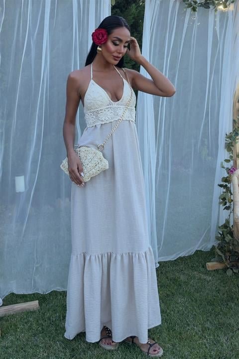 Göğsü Trikolu Keten Uzun Elbise 2904-08