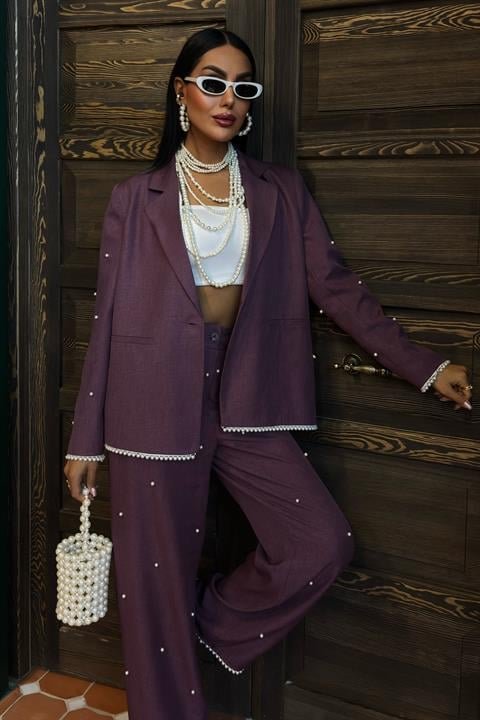 İnci Detaylı Ceket Pantolon Keten Takım 10124