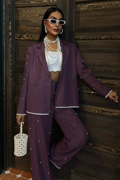 İnci Detaylı Ceket Pantolon Keten Takım 10124