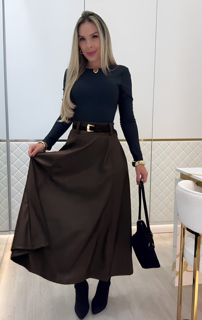 Kadın Yüksek Belli Maxi Deri Kemersiz Etek