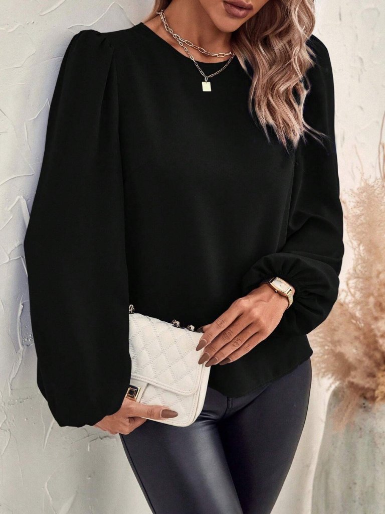 Kadın Uzun Kollu Yuvarlak Yaka Arkadan Bağcıklı Salaş Ithal Krep Bluz