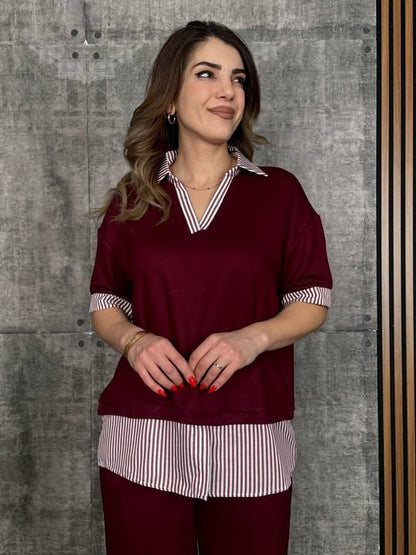 Kadın Modal Kumaş çizgili Gömlek Yaka Ikili Takım