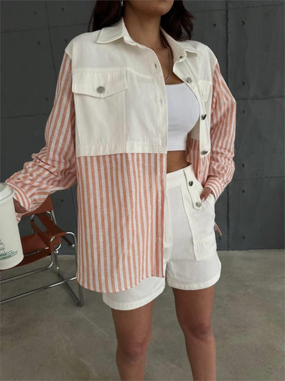 GABARDİN ŞORT - GABARDİN - ÇİZGİLİ KETEN GARNİLİ CEKET TAKIM - Orange