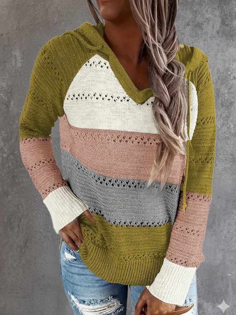 Kadın Uzun Kollu V Yakalı Bağcıklı Kapşonlu Triko Bluz