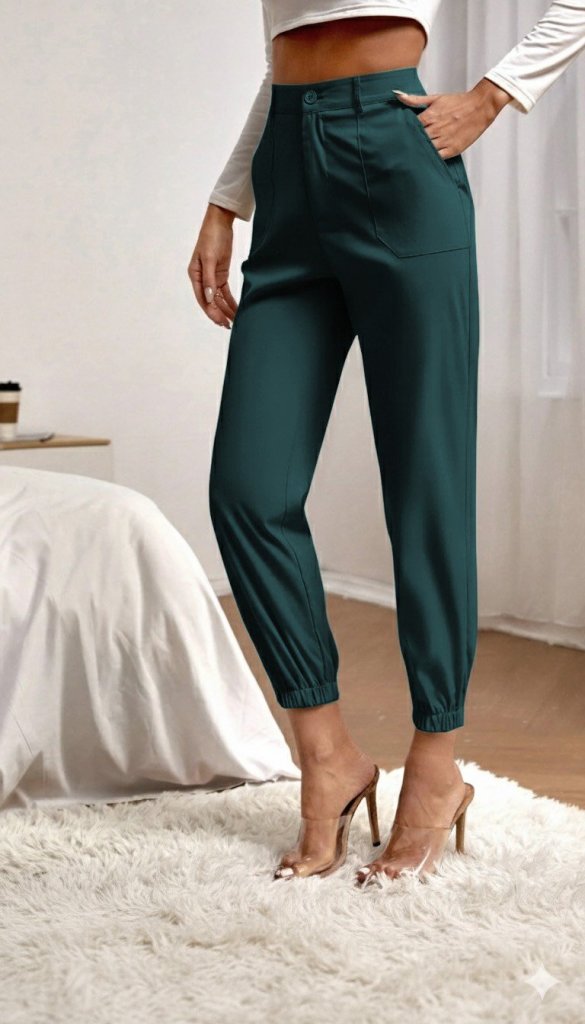 Kadın Yüksek Bel Cepli Paçası Lastikli Ithal Krep Pantolon