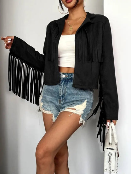 Kadın Uzun Kollu Yakalı Kısa Püsküllü Süet Ceket