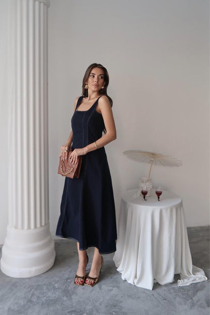 Lacivert Çift Dikişli Gabardin Elbise