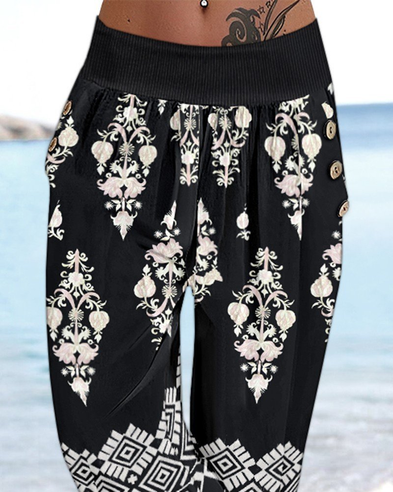 Kadın Beli Lastikli Etnik Desenli Kapri Süprem Pantolon