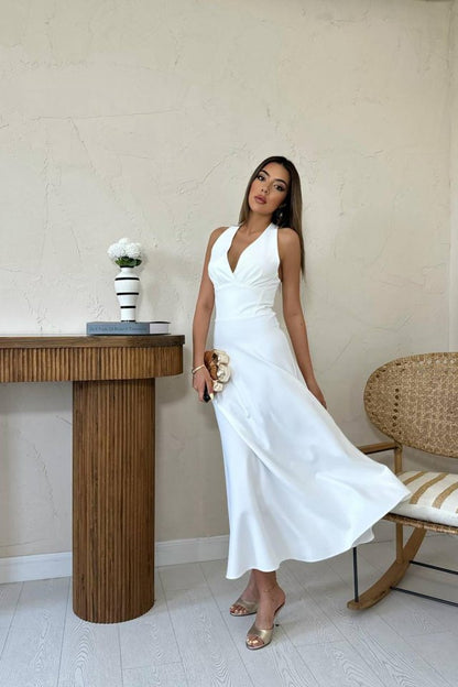 Ekru Atlas Göğüs Kuplu Elbise