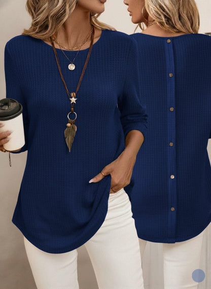 Kadın Uzun Kollu Yuvarlak Yaka Arkadan Düğmeli Waffle Bluz