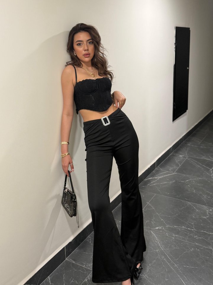 Kadın Yüksek Bel Tokalı Ispanyol Paçalı Dalgıç Pantolon