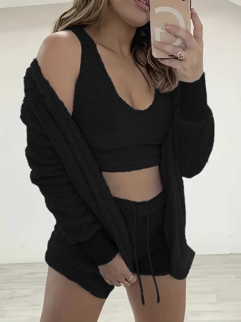 Kadın Uzun Kollu Ceket, Askılı Peluş Bluz Ve şort üçlü Takım