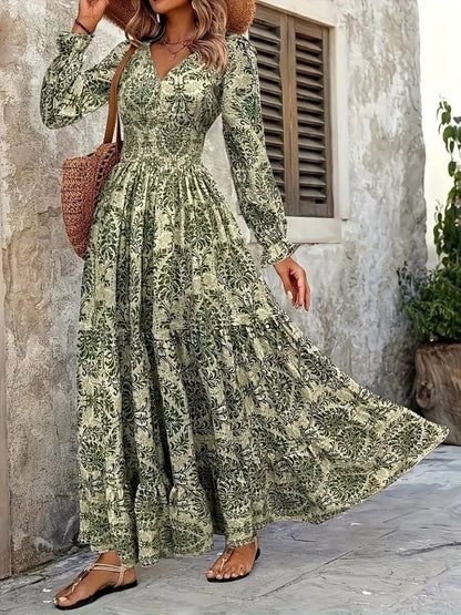 Kadın Uzun Kollu V Yakalı Desenli Süprem Elbise