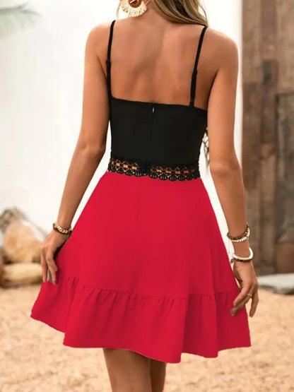 Kadın Ip Askılı Kruvaze Yaka Bel Dantel Ithal Krep Elbise