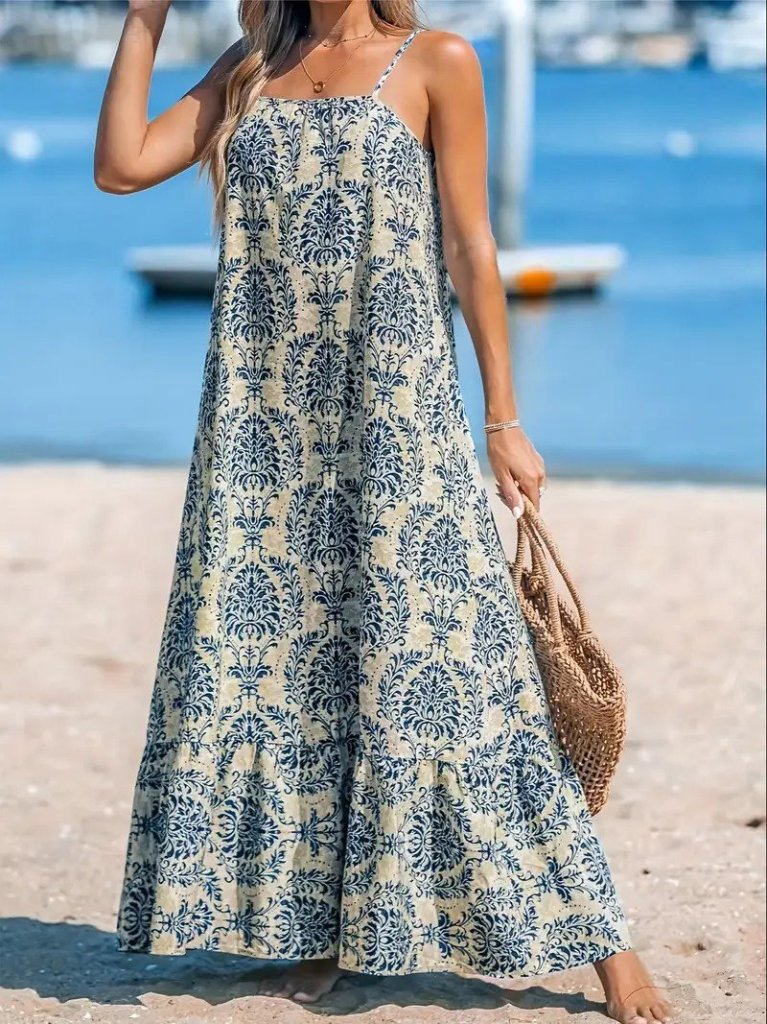 Kadın Ip Askılı Desenli Fırfırlı Süprem Elbise