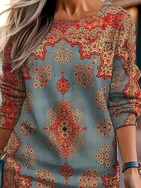 Kadın Uzun Kollu Yuvarlak Yaka Desenli Mini Modal Elbise