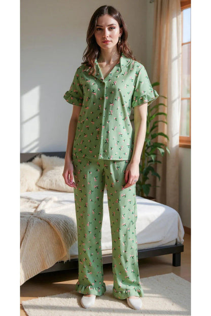 Yeşil Çiçekli Yaz Esintili Pijama Takımı 7345