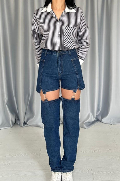 Mavi Askılı İki Parça Jeans Pantolon