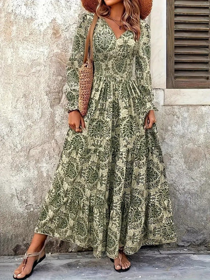 Kadın Uzun Kollu V Yakalı Desenli Süprem Elbise