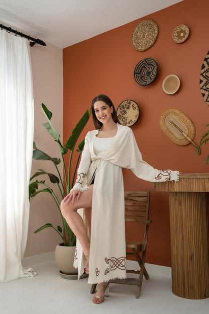 Kahverengi Baskı Detay Keten Hırka