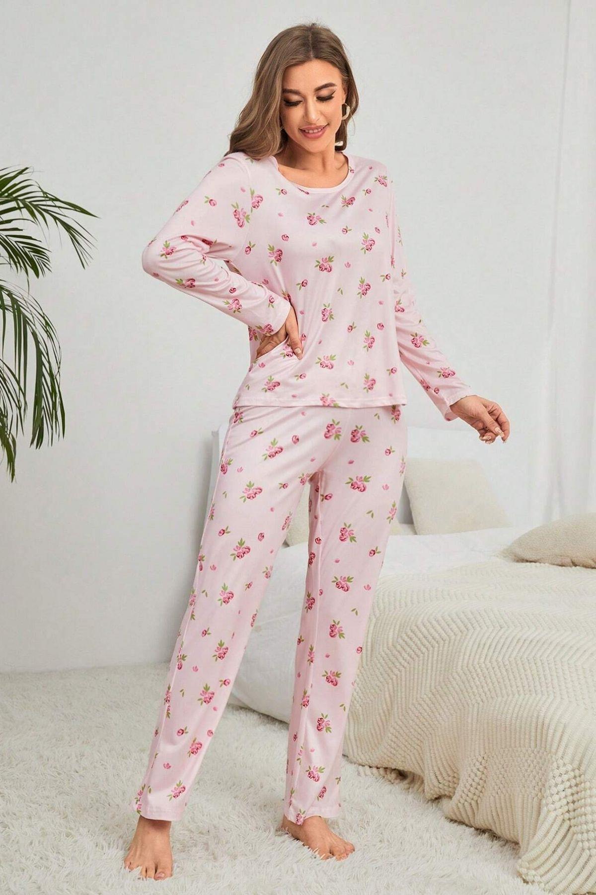 Pembe Çiçek Desenli Bisiklet Yaka Pijama Takımı 7131