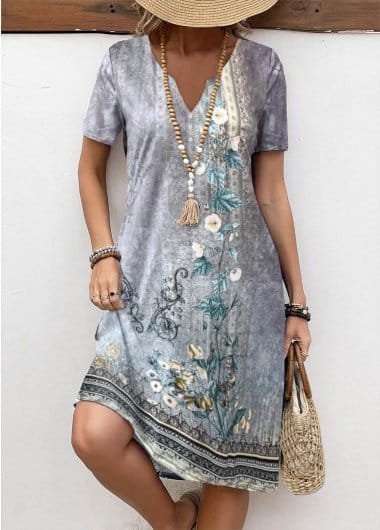 Kadın Kısa Kollu V Yakalı Desenli Süprem Elbise