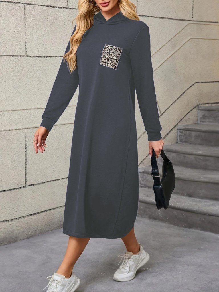 Kadın Uzun Kollu Kapşonlu Cep Detaylı Viskon Iki Iplik Maxi Elbise