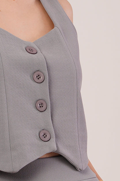 Kalın Askılı Düğmeli Yelek Ve Pantolon Gri Takım