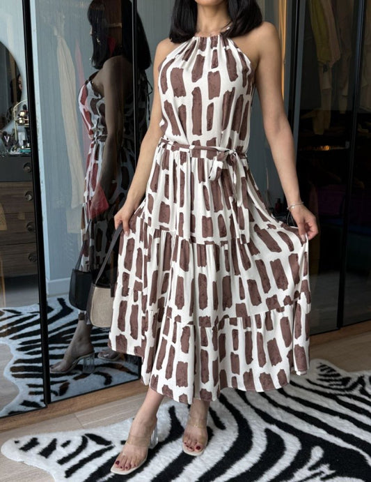 Kadın Viskon Kumaş Ip Askılı Halter Yaka Cepli Midi Boy Elbise