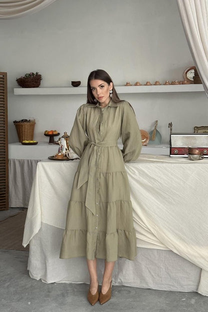 Çağla Çizgi Desenli Uzun Elbise