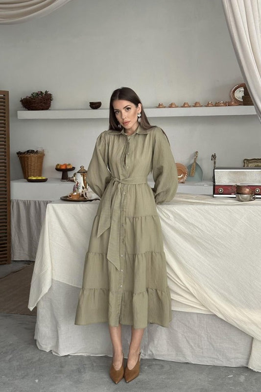 Çağla Çizgi Desenli Uzun Elbise