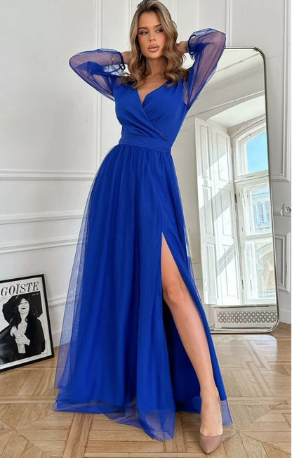 Kadın Uzun Kollu Kruvaze Yakalı Belden Kuşaklı Tüllü Uzun Ithal Krep Elbise