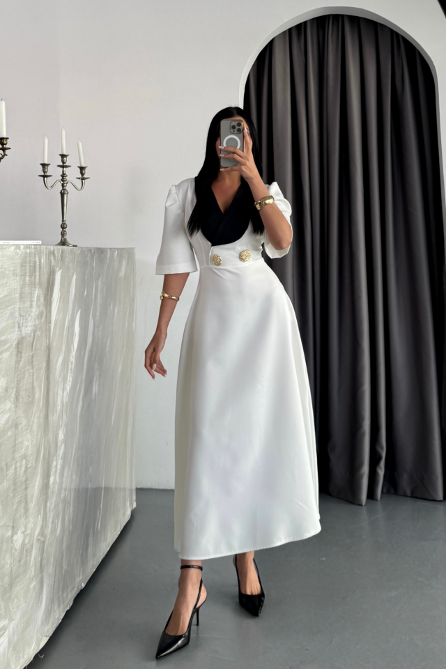 TASARIM ELBİSE CEKET YAKA GOLD DÜĞME DETAYLI KISA KOL - Beyaz