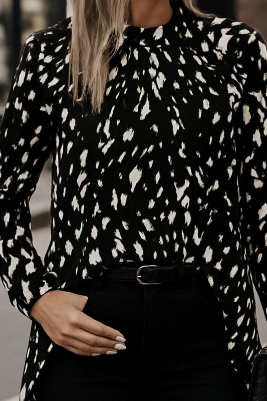 Kadın Uzun Kollu Yarı Balıkçı Yaka Desenli Dokuma Bluz