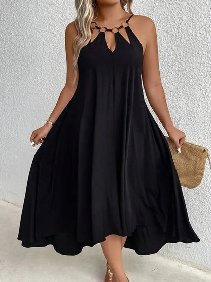 Kadın Boyundan Askılı Damla Detaylı Halkalı Asimetrik Kesim Viskon Elbise