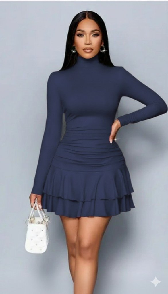 Kadın Uzun Kollu Balıkçı Yaka Mini Fırfırlı Sandy Elbise