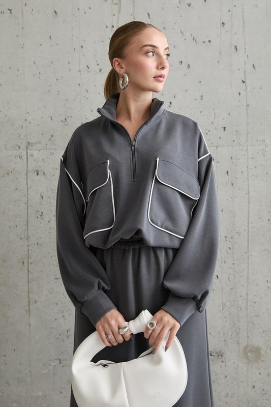 Füme Biyeli Sweatshirt Ve Etek Takım