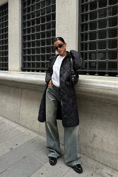 Fermuar Ve Kapşonlu Uzun Kapitone Mont 7062