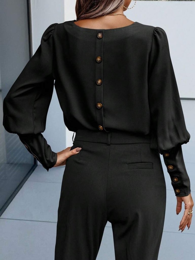 Kadın Uzun Kollu Yuvarlak Yakalı Düğmeli Ithal Krep Bluz