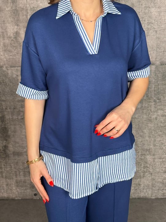 Kadın Modal Kumaş çizgili Gömlek Yaka Ikili Takım