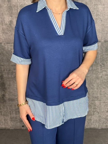 Kadın Modal Kumaş çizgili Gömlek Yaka Ikili Takım